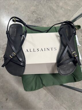 AllSaints Black Leather Crisscross Ankle-Strap Sandals